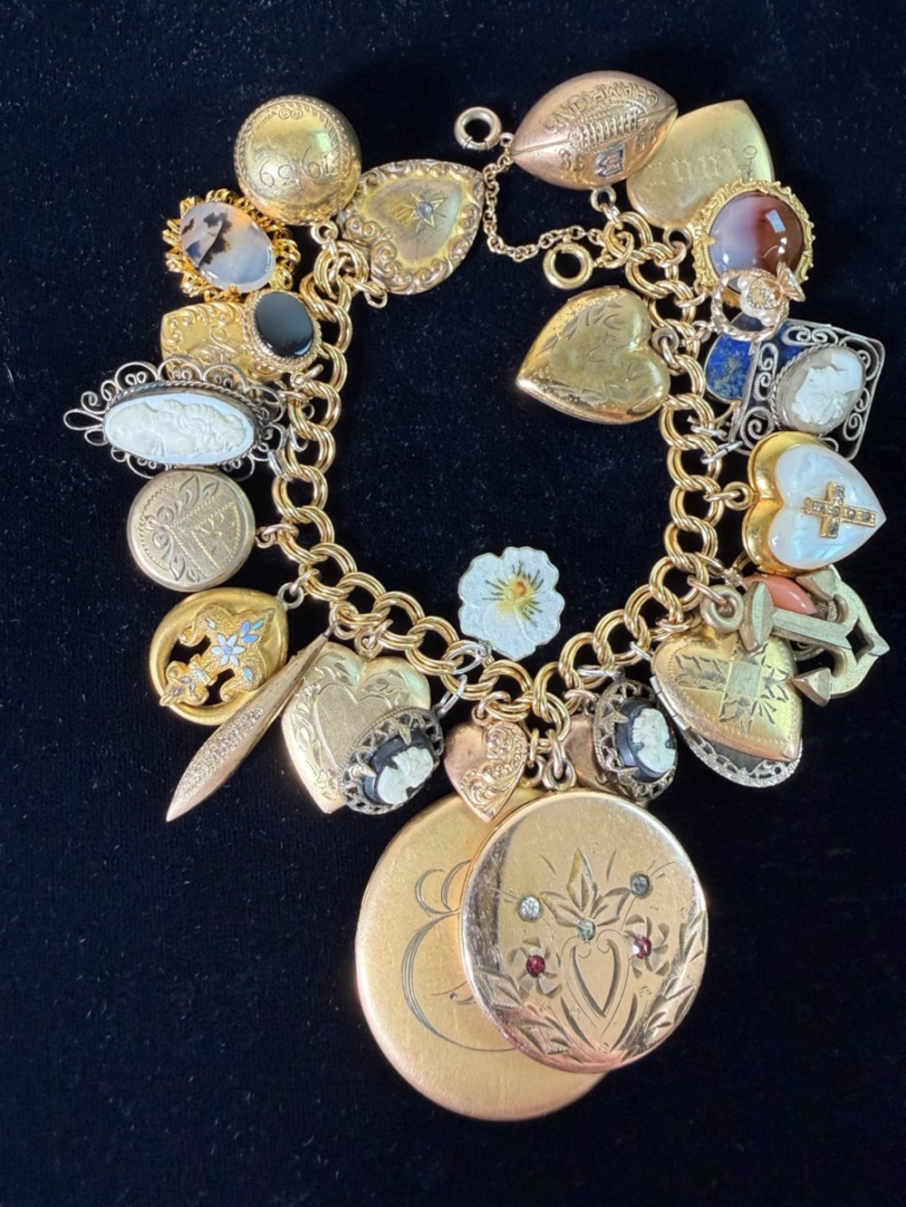 Vintage Victorian Puffy Heart Cameo 12KT Gold Filled & 925 Silver Charm Bracelet